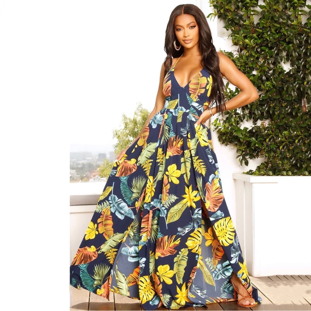 Fashion Nova Kenzie Halter Navy Floral Maxi Dress